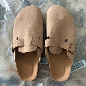 Suede Slip-On Clog Mules in Taupe
